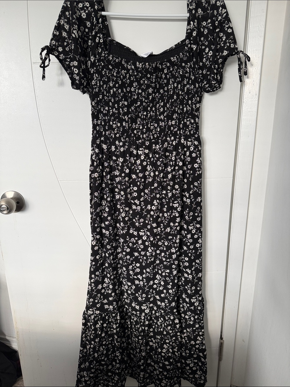 Black Floral Smocked Midi Dress